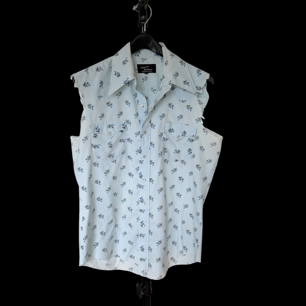 Champion‎ Westerns Sleeveless Pearl Snap Shirt Blue Floral Western Cut Off L